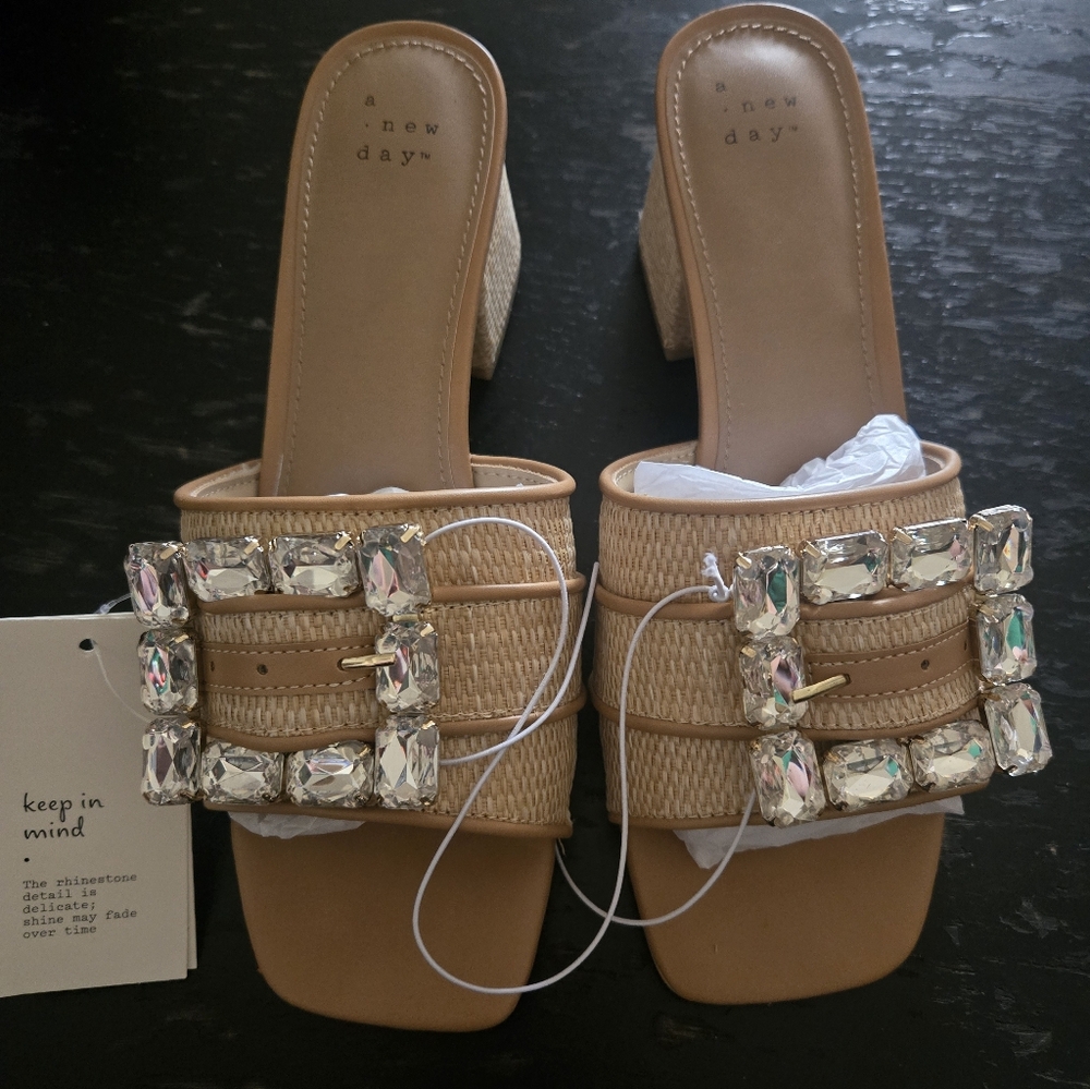 NWT a new day Tan Woven Slide Mules with Rhinestone Buckles